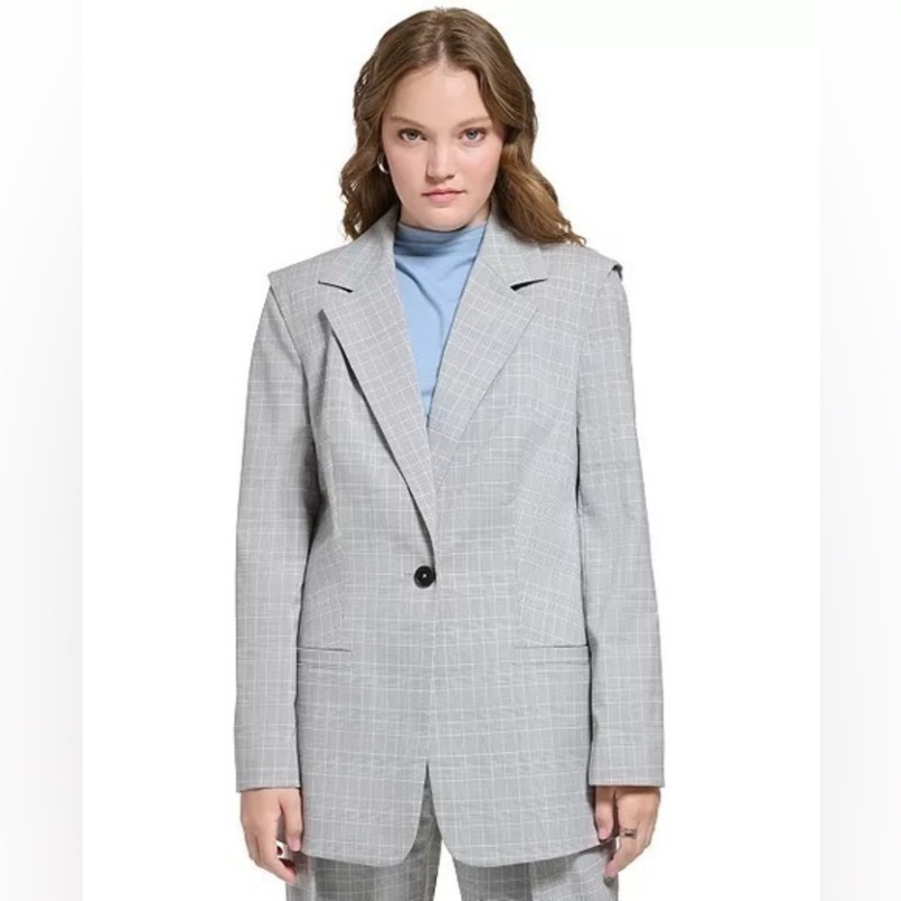 Calvin Klein X-Fit Oversized Boyfriend One Button Plaid Blazer